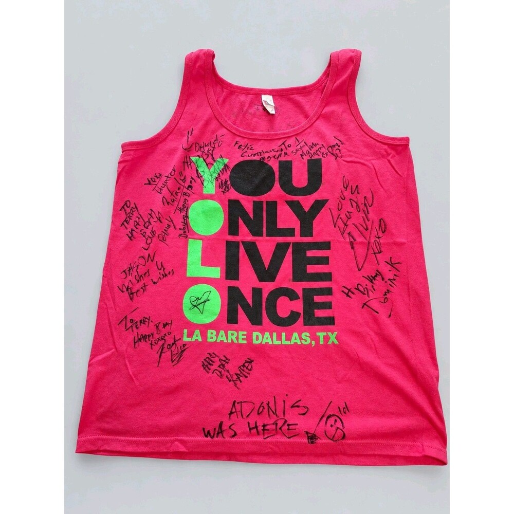 La Bare Dallas YOLO Tank Top Hot Pink Handwritten Signatures Vintage Ephemera